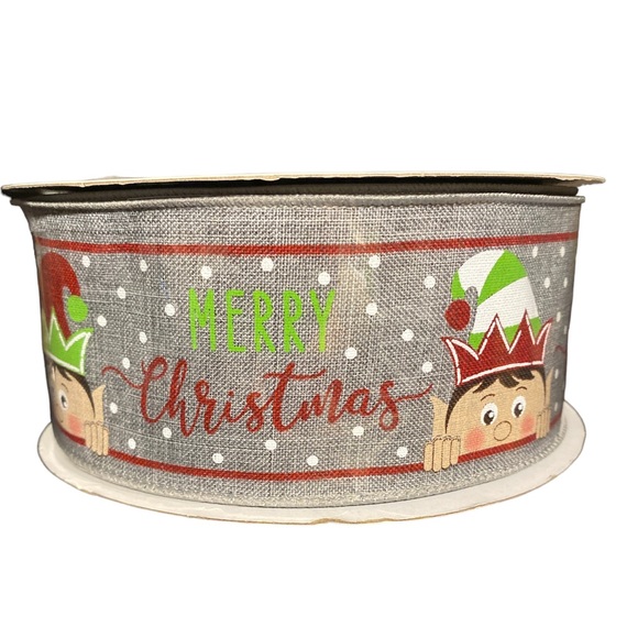 Merry Christmas Holiday Elf 100 Ft Spool Roll Ribbon Grey  Wired Edge 2.5” Bow - Picture 5 of 6